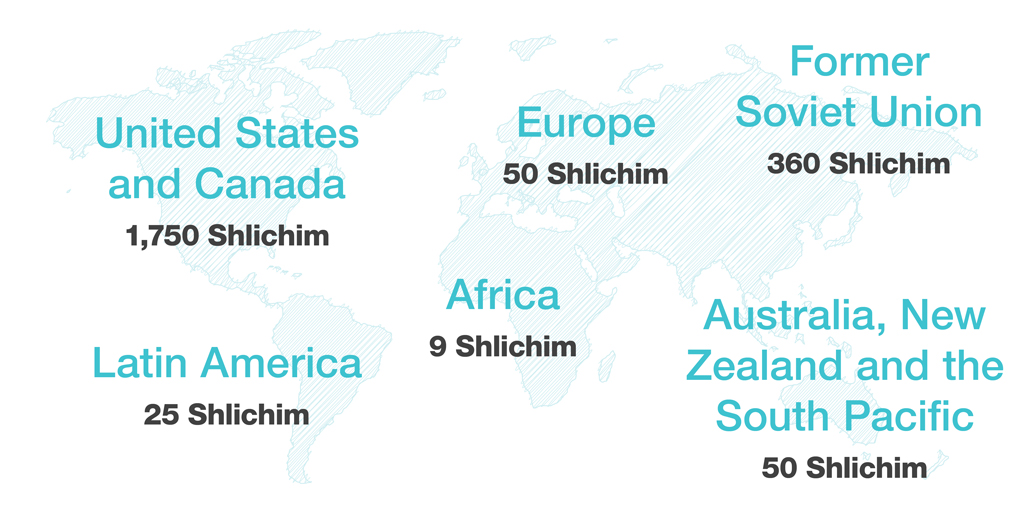 Map showing number of Shlichim in regions around the world